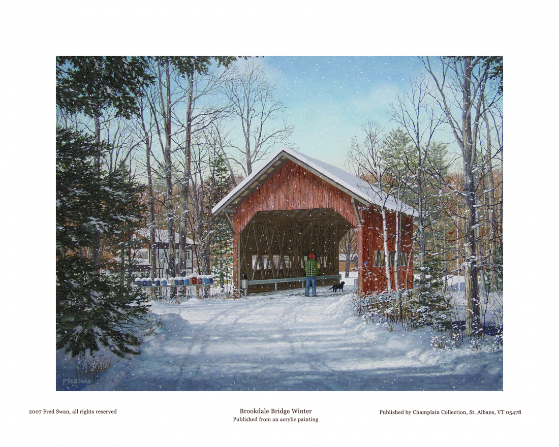 Brookdale Bridge Winter - Enhanced - American Realist Painting by Fred Swan